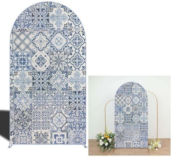 Curved Top Arch Cover Backdrop 2.6x6ft Mediterranean Portuguese Patchwork Tile Theme Spandex Background for Birthday Wedding Shower Banquet Porcelain Party Decoration,G-X05