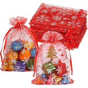 HRX Package 100pcs Snowflake Organza Bags Christmas 4x6 inch, Red Drawstring Mesh Gift Pouches for Jewelry Candy Party Favor