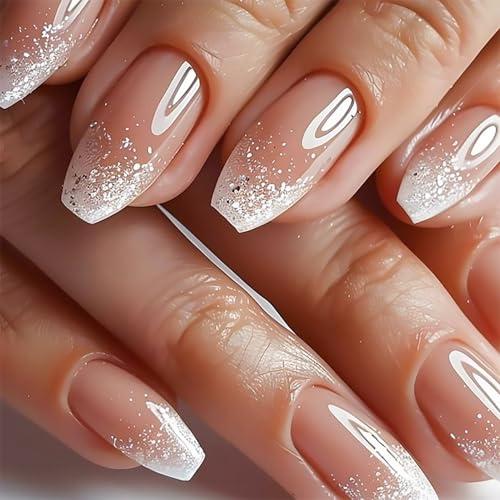 Tyuimhx Silver Glitter French Tip Press on Nails Medium Coffin Fake Nails Gradient False Nails Glossy Full Cover Stick on Nails Ombre Glue on Nails Acrylic Artificial Nails for Women 24 Pcs