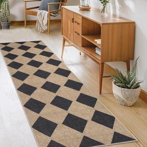 Easy Jute Checkered Runner Rug,2x6 Kitchen Runner Rugs for Hallway Non Slip Washable Checkered Indoor Outdoor Carpet for Laundry Room Bedroom Entry 6ft