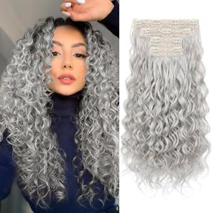 REECHO Curly Hair Extensions, 4PCS 20 inch Clip in Hair Extensions Lace Weft Short Curly Extensions Clip Ins Invisible Natural Hairpieces for Women, Silver Grey