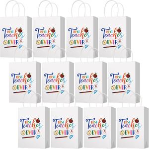 Spakon 12 Pieces Teacher Appreciation Gift Paper Bag Thank You Teacher Party Favors Tote Bags with Handles Treat Present Candy Bags for Appreciation Week Party Decoration Supplies