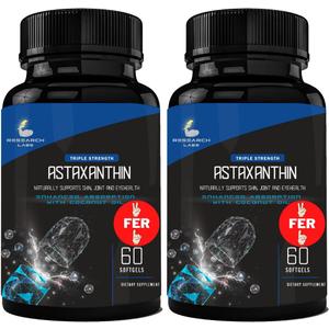 Research Labs Triple Strength Natural Astaxanthin 12mg Softgels + Extra Bottle Organic Coconut Oil for Enhanced Absorption Powerful Antioxidant Supports Eye Joint & Heart Health 120 Total Softgels