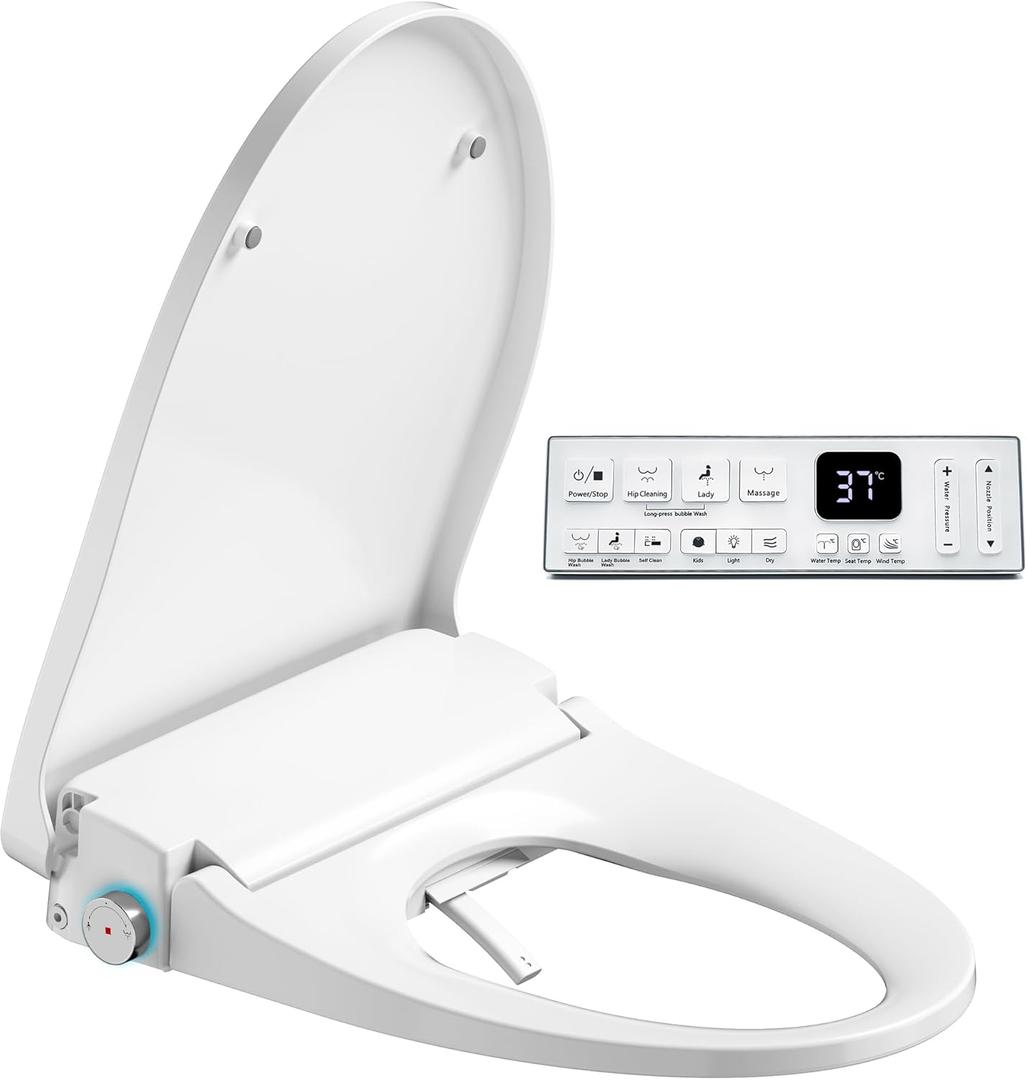Electric Heated Bidet Warmer Water Toilet Seat with Heated Seat for Elongated, Warm Air Dryer, Endless Warmer Water, Remote Control, Curved Spray Bar, 70" Power Cord, Clean Water