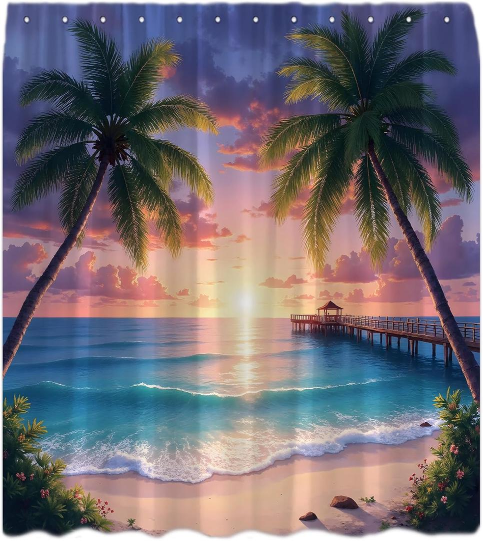 Ocean Beach Shower Curtain Tropical Palm Tree Sunrise Sea Waves Coastal Sunset Hawaiian Seaside Landscape Nature Bathroom Curtains Decor with Hooks (70"WX70"H/180x180CM, Blue Pink)