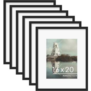PEALSN 16x20 Picture Frame Set of 6, Display Pictures 11 x 14 with Mat or 16 x 20 without Mat for Wall Mounting Display, Poster Frames Collage for Wall Decor, Black.