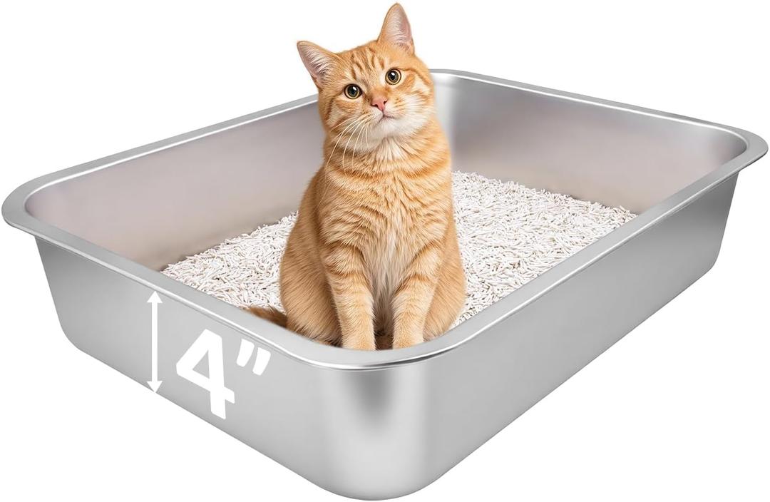 Small Stainless Steel Litter Box, 17.5"13.6"4" Metal Litter Box Low Side Easy Entry, Rust-Proof, Non Stick, No Smell, Easy to Clean for Kittens, Elderly Cats, Rabbits