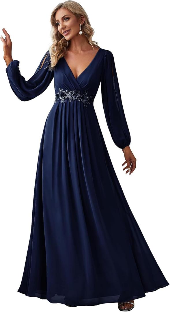 Ever-Pretty Women's V Neck Long Sleeves Floor Length Ruched Chiffon A-Line Formal Evening Dress Mother of Bride Dresses, Navy Blue, Size 18