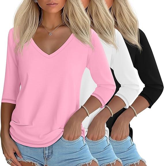 Ficerd 3 Pack Women's 3/4 Sleeve T Shirts, V Neck Cotton Shirts Casual Loose Fit Basic Tunic Tops Solid Summer Trendy Tees, L