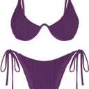 ZAFUL Women's Bikini Sets Ribbed Two Piece Swimsuits Underwire Adjustable Back Clasp Bathing Suit Side Tie Thong Swimwear (Small, Deep Purple)