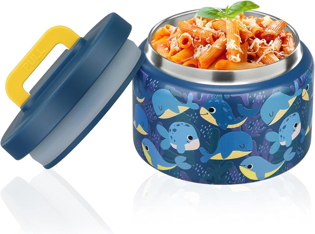 PIQUEBAR 8oz Kids Thermo for Hot Food,Small Lunch Thermos Food Container Stainless Steel,Easy Open Wide Mouth Thermo for Hot Cold Food for Preschool Travel (Blue Whale)
