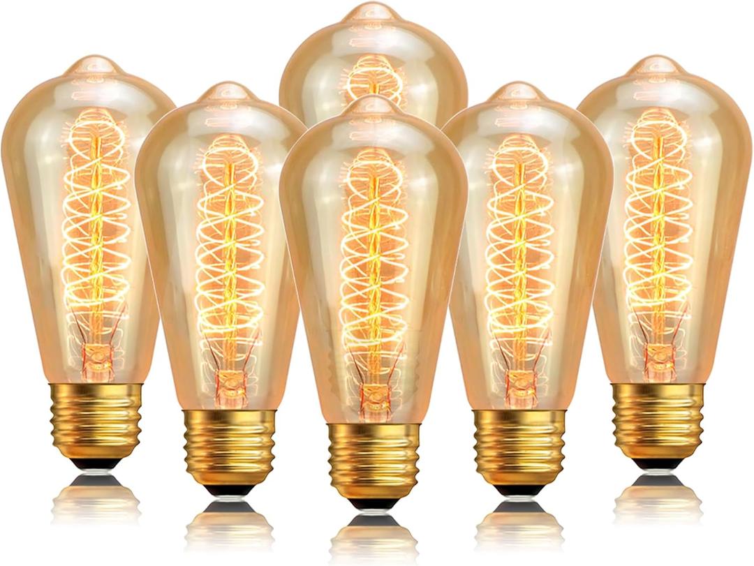 Edison Light Bulb 60W 6 Pack, ST64 Vintage E26 Incandescent Light Bulbs, 2200K Warm Dimmable Amber Spiral Filament, Antique Style Retro Glass Decorative Bulb for Table Lamp Home Office
