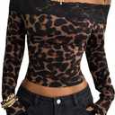 SHENHE Women's Off The Shoulder Leopard Top Lace Long Sleeve Slim Fit Y2k Going Out Crop Top (Medium, Brown)
