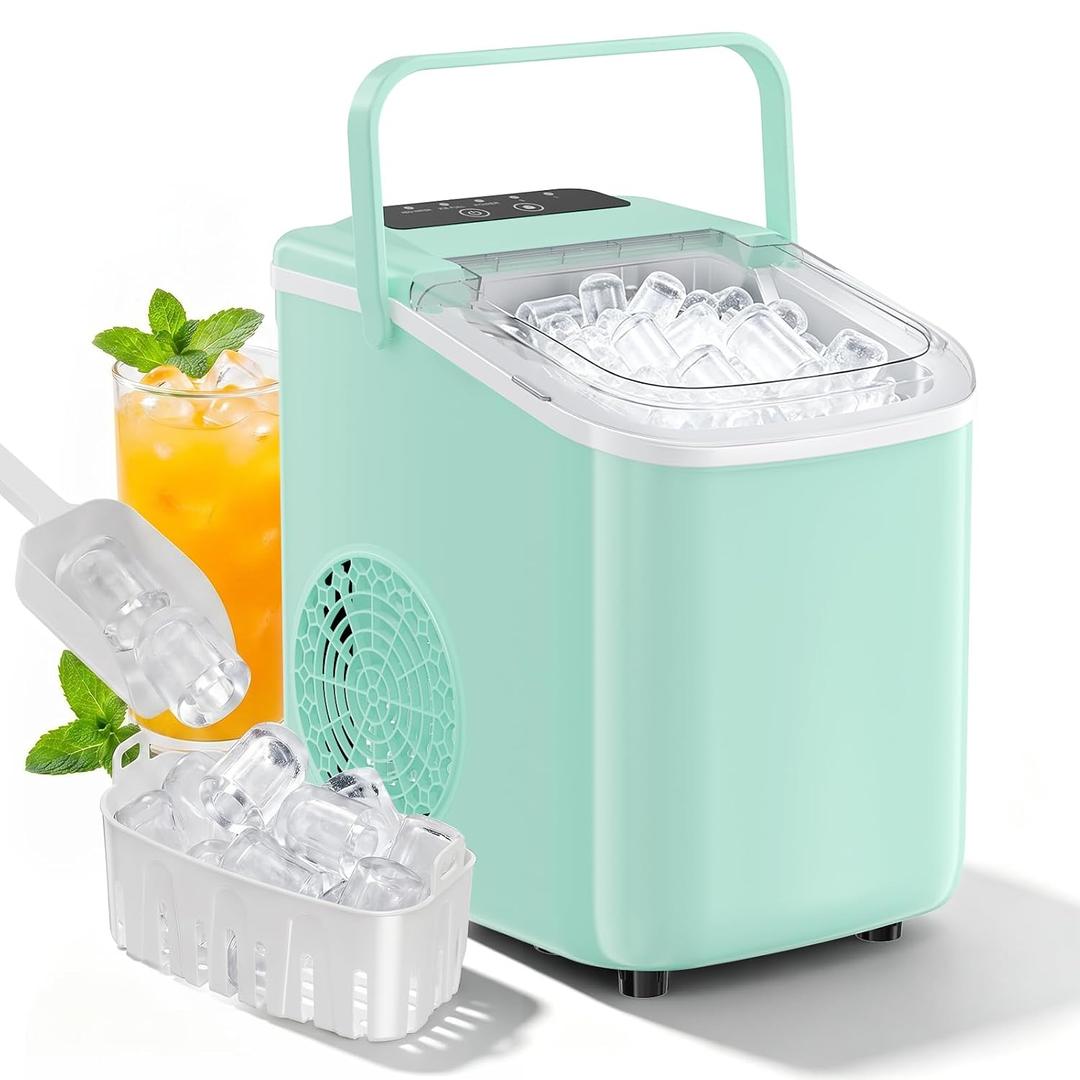 Countertop Ice Maker, Portable Ice Machine with Carry Handle Basket and Scoop, 9 Bullet Cubes Ready in 6 Mins, 26lbs Daily, Self-Cleaning for Home, Kitchen, Camping, RV