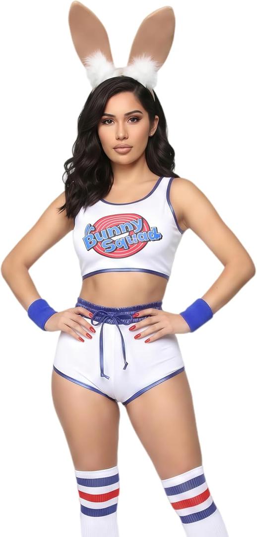 5pcs Halloween Bunny Costume Set for Women Space Movie Full Outfit with Shorts Headband Wristband Socks (Medium)