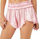 Mxiqqpltky Satin Pajama Shorts for Women Y2k Lounge Pj Shorts Smocked Elastic Waist Loose Fit Ruffle Pajama Bottoms Sleepwear (Small, Pink)