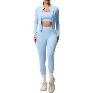 3 Piece Women’s Workout Set – Zip-Up Jacket, Sports Bra & High-Waist Leggings – Stretchy Breathable Yoga Outfit, XL, Aqua Blue