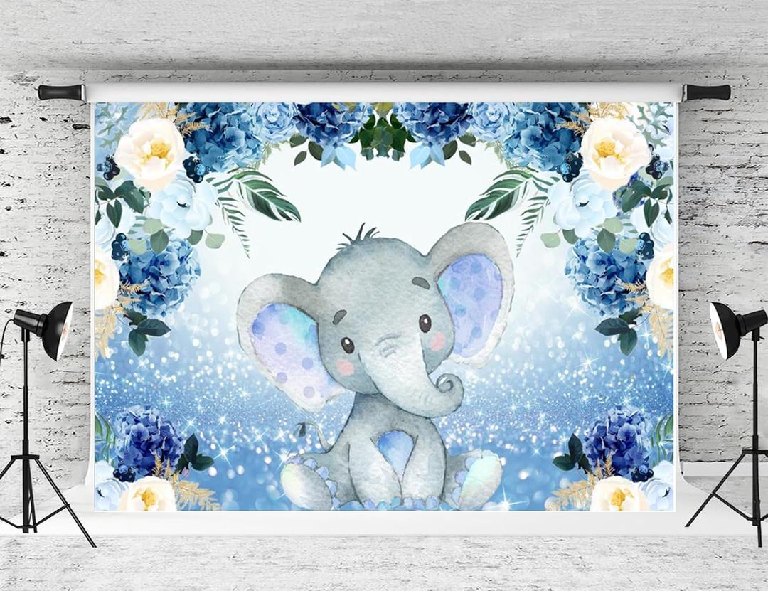 7x5ft Baby Elephant Backdrop Blue Floral Baby Shower Backdrop Elephant Blue Gray Baby Shower Decorations for Boy Animal Theme Birthday Party Decorations Supplies Photo Booth Props