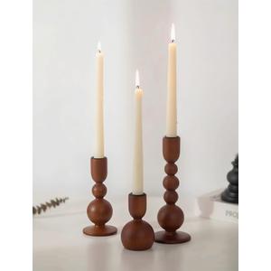 NUPTIO Candlestick Holders for Home Decor: Set of 3 Wood Taper Candle Holders for Thanksgiving Table Centerpieces - Mid Century Modern Caramel (Warm Walnut)