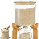 Goaste Glass Rice Dispenser with Bamboo Stand, 5L Flour Cereal Container with Airtight Lid, 8 Lbs Large Grain Food Storage Bucket, Countertop Beans Storage Tank with Measuring Cup & Valve for Dry Food
