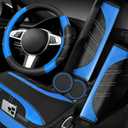 NBTEPEM 6 Pcs Blue Car Accessories Set, Sport Leather Steering Wheel Cover 14.5-15inch Universal, Microfiber Leather Car Center Console Cover, Seat Belt Cushion, Cup Holder Coaster (Black-Blue)