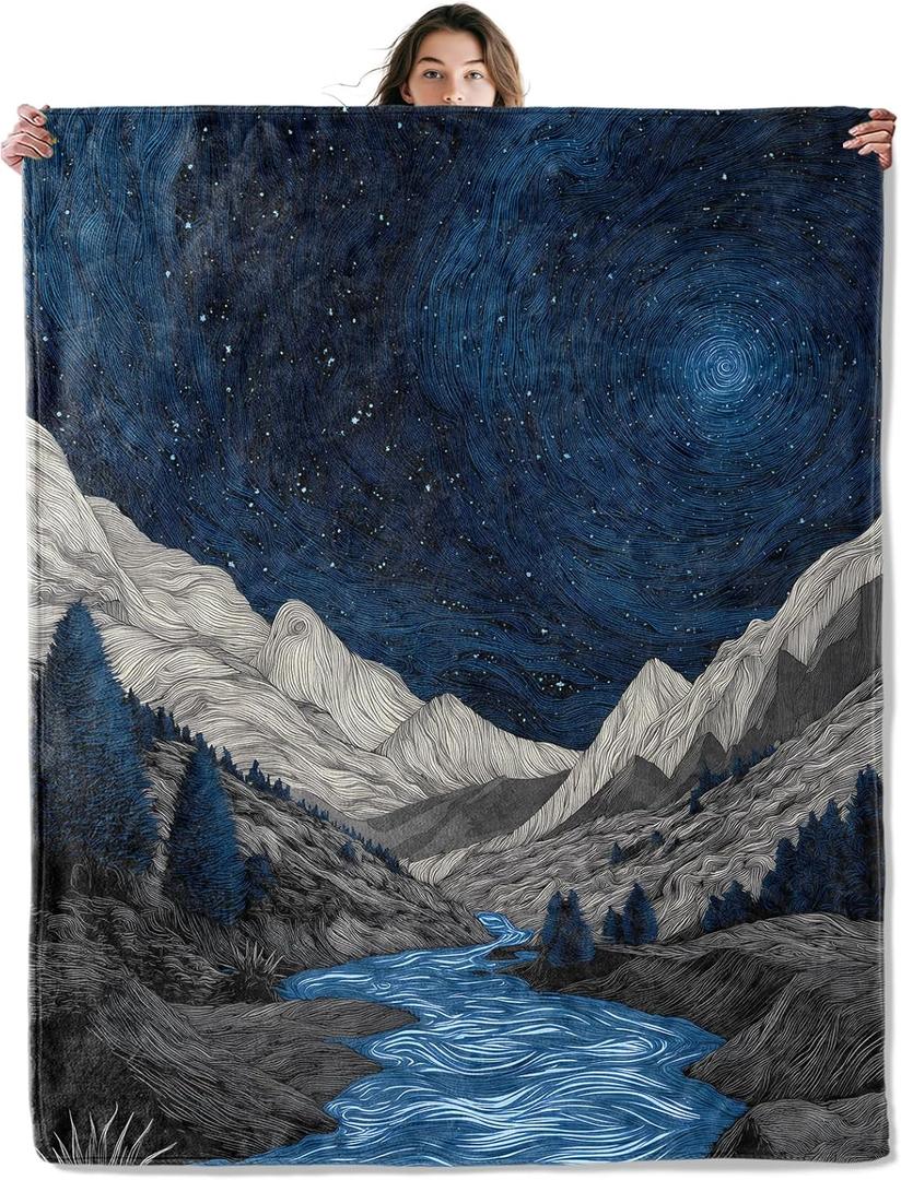 SOMEKLLY Starry Night Mountain Throw Blanket Soft Cozy Lightweight Flannel Blankets with Abstract River Landscape Art Printed for Nature Lovers Bedroom Dorm Office Decor Gifts 50x60 Inch