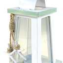Puzzled Wooden Beach Lantern - White Wood Metal Lanterns with Starfish Rope Accents 6.75 Inch Distressed Hanging and Tabletop Rustic Candle Holder - Unique Home Decor Coastal Lamp - Item 9441-10