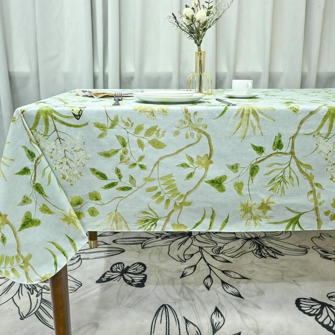 Rectangle Flower Table Cloth, Waterproof Vinyl Tablecloth, Table Linens, Plastic Tablecloths for Dinner, Kitchen and Parties, 60"x 84" (Green Leaf)