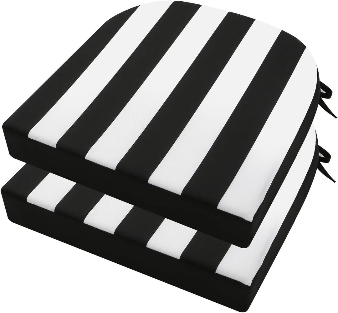 idee-home Outdoor Chair Cushions Set of 2, Thick 17" x 17" x 3" Outdoor Seat Cushions Patio Furniture Waterproof with Ties, Dining Pads (Black Stripes)