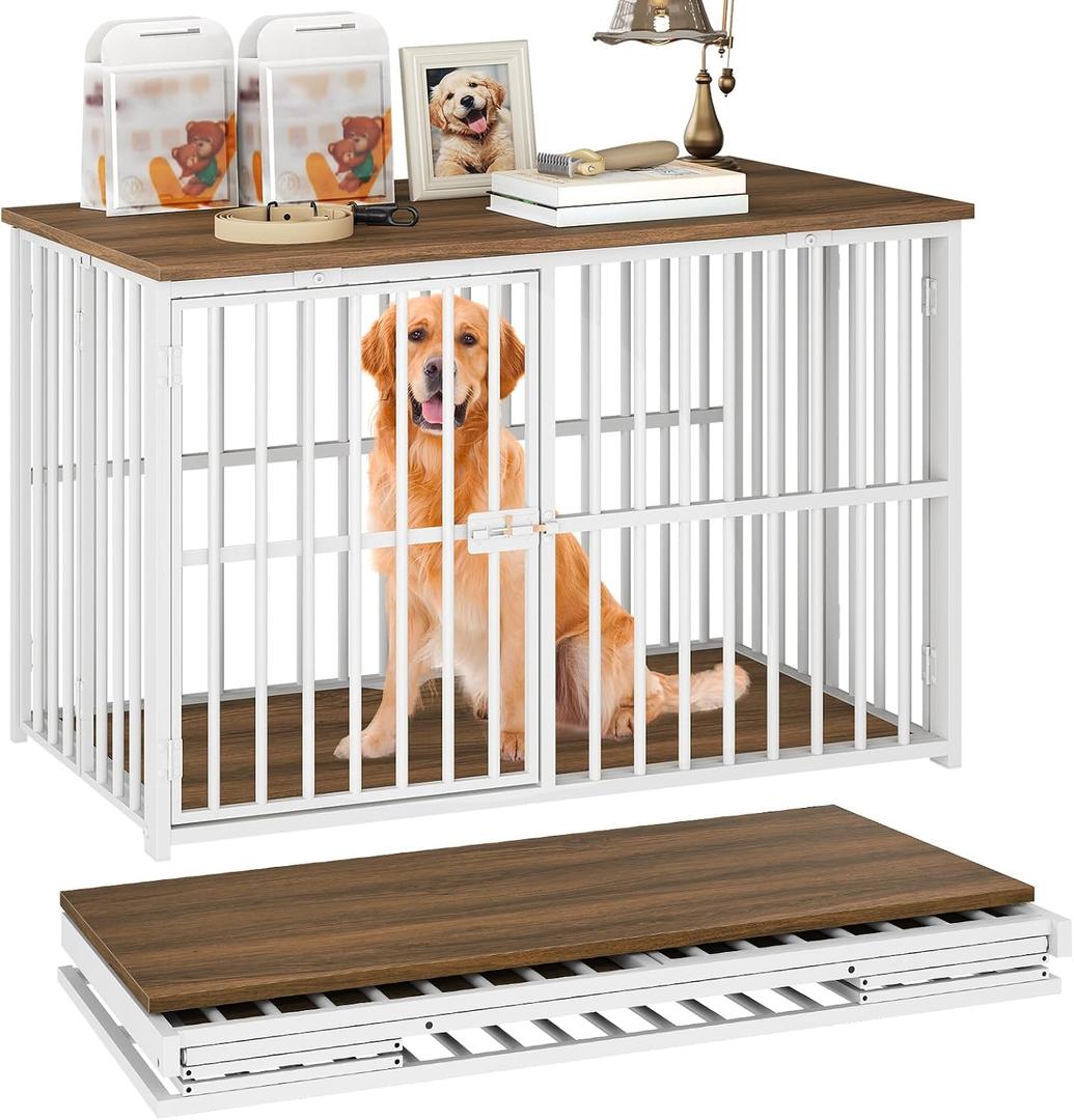 YATINEY Foldable Dog Crate Furniture, 37.4" Dog Kennel for Medium Dogs, No Assembly, Collapsible Dog Crate, Indoor Dog Cage End Table, with Secure Lock, for Living Room, Hallway, Bedroom, DC12WH