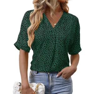 Short Sleeve Blouses for Women Leopard Print Summer Top Dressy Casual Business 3/4 Sleeve Cold Shoulder Chiffon Shirts (Green, XS)