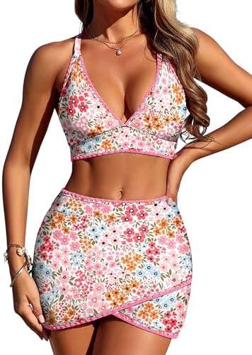 ZAFUL Women's High Waisted Bikini with Skirt Whip Stitch 2 Piece Swimsuits Tummy Control Bathing Suit, Size XL