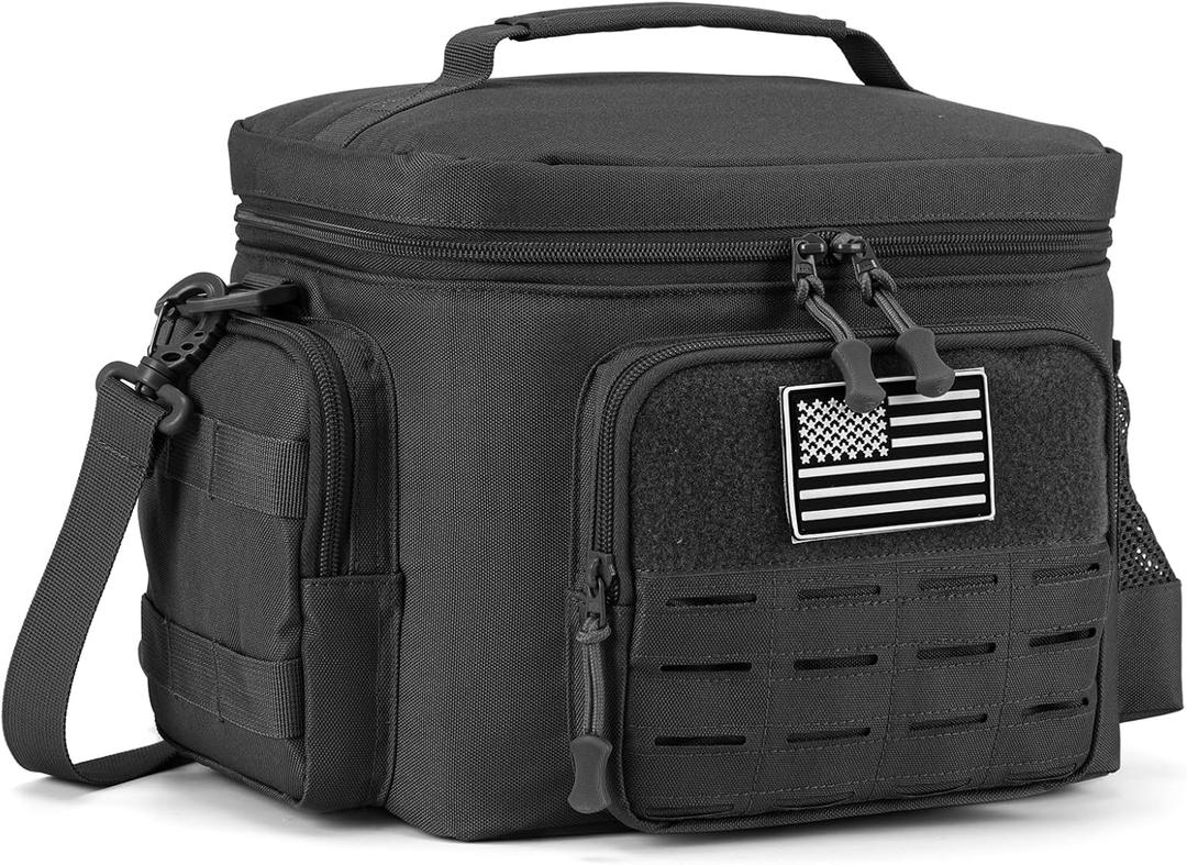 QT&QY Tactical Lunch Bag for mens Military heavy duty lunch box work Leakproof insulated Durable Thermal Cooler Bag for Adult Meal for Office Camping Picnic Pail MOLLE Webbing Black (13L)