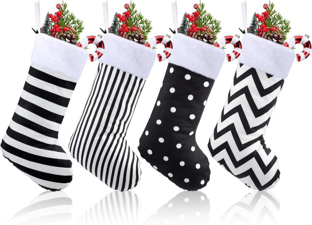 Realspring 4 Pcs Christmas Stockings Black and White Christmas Stockings with Plush Cuff Classic Fireplace Hanging Ornament Family Holiday Party Decoration(Stripes and Dots)