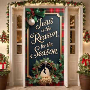 Christmas Religious Door Cover Decorations Nativity Scene Door Banner Background Jesus is the Reason for the Season Porch Front Door Sign Cover for Winter Xmas New Year Decor Party Supplies