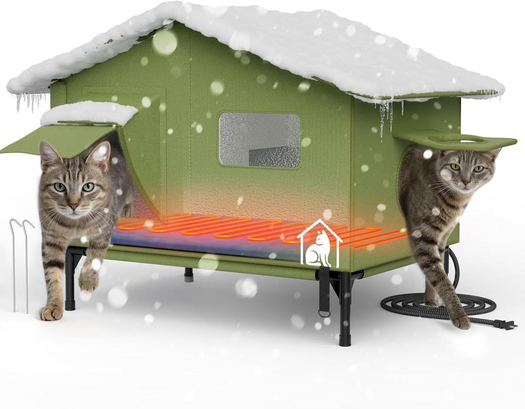 Extra-Large Heated Outdoor Cat House for Outside, Waterproof & Insulated Shelter for Feral Cats in Winter, 23.5"  21"  16", Escape Door, Foldable, Safe Heated Pad, Connects to Feeding House  Green