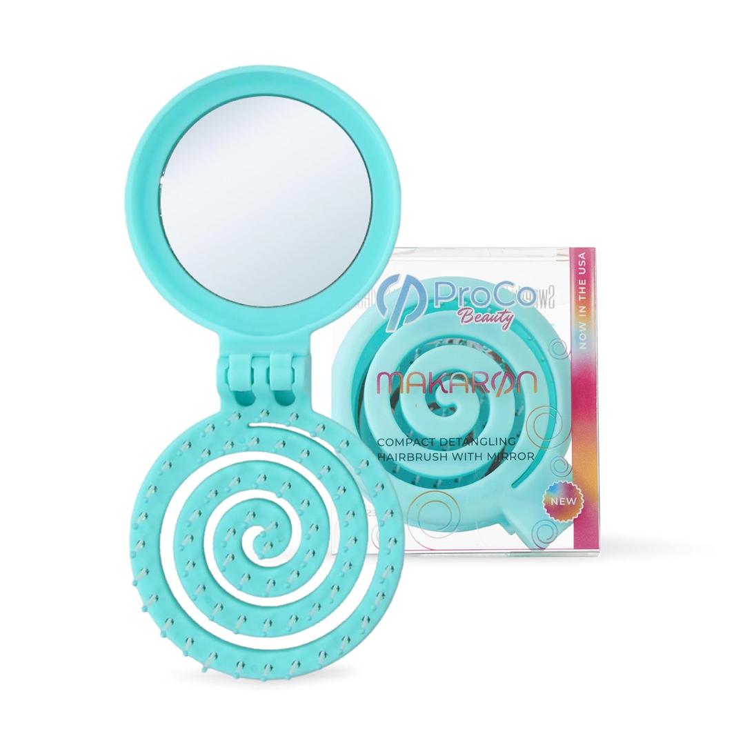 Mini Detangler Travel Hair Brush with Mirror, Makaron Hair Brushes for Women, Men and Kids, Unique 3D Flexible Design for All Hair Types, Styling Accessory, Travel Essentials for Women (BLUE)