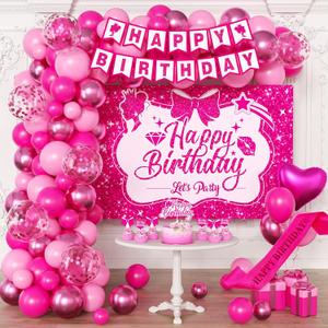 Pink Birthday Party Decorations for girls,Birthday Banner,Pink Backdrop,Hot Pink Balloons Party Decorations