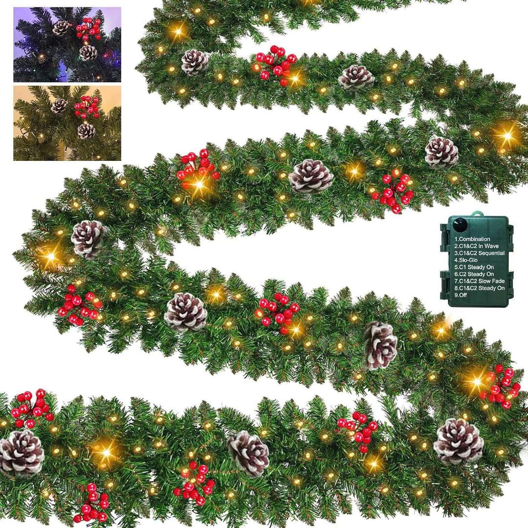 Prelit 50 LED - 9 Ft by 10 Inch Christmas Garland with Lights 12 Modes Timer, Thick 270 Realistic Tips 110 Berries 10 Pine Cone Warm White & Multicolored Lights Xmas Garland for Mantle Stairs Outdoor