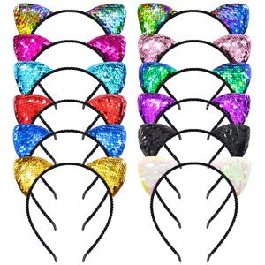 22pcs Cat Ears Headbands for Girls Reversible Sequin Hair Accessories for Parties and Events Colorful Cat Ear Hoops for Women and Boy Girl