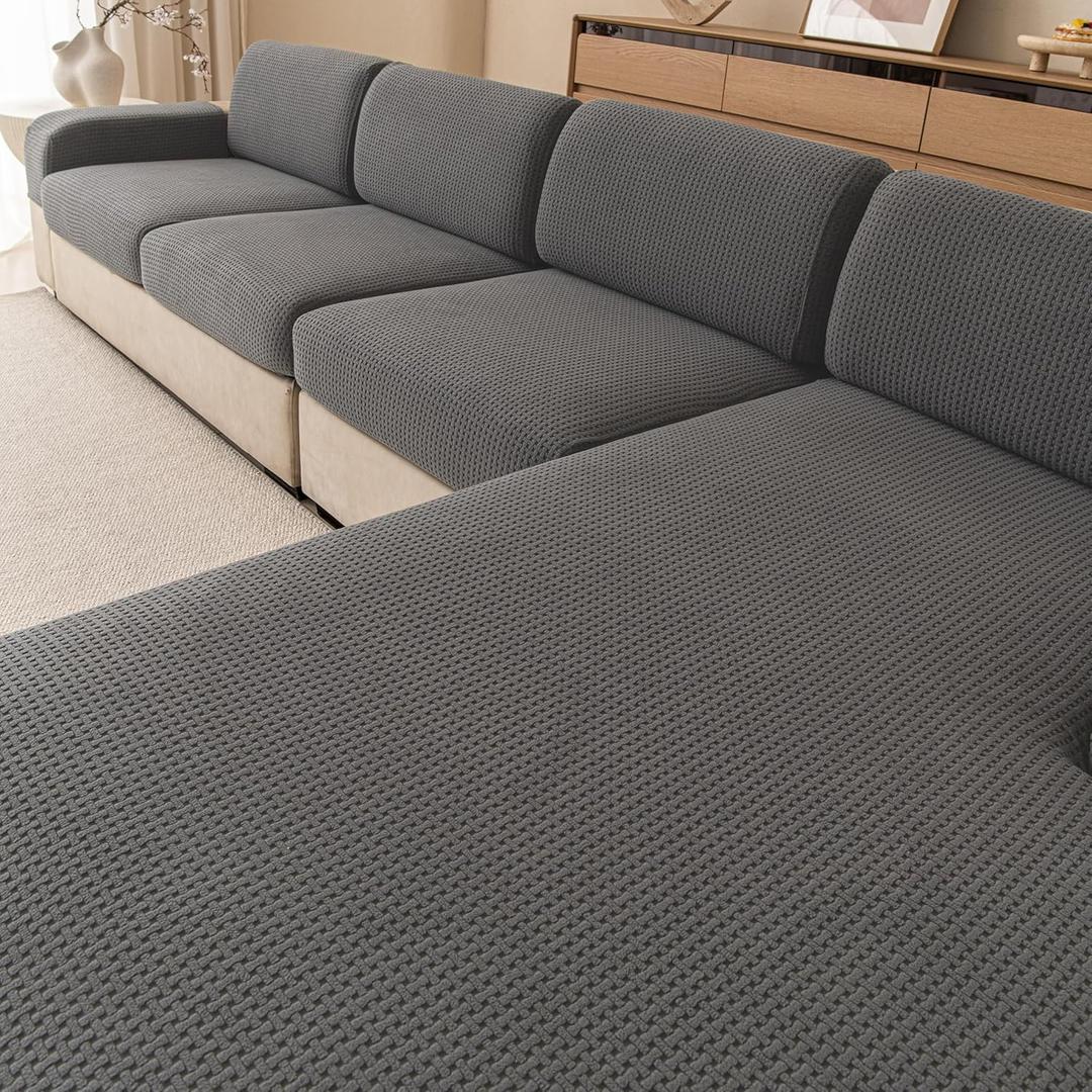 Stretch Sectional Couch Covers, Wear Resistant Sofa Slipcovers Washable Soft Furniture Protector Anti Slip L Shaped Couch Cushion Covers for Dogs (1 Piece Oversized Cushion Cover, Grid Grey)