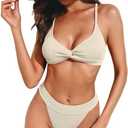 ZAFUL Women Bikini Sets Criss Cross Back Bathing Suit Knot Front Two Piece Swimwear Thong Cheeky Swimsuit Set Large Beige