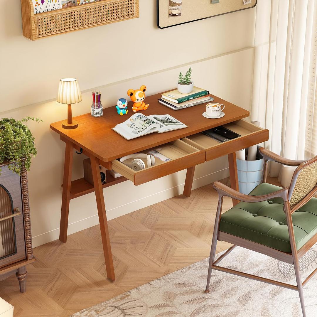 100% Solid Wood Writing Desk - 39.4" Mid Century Modern Home Office Desks, Small Computer Desk for Small Spaces with 2 Drawers and Storage Shelf, Laptop Study Table for Bedroom/Living Room, Walnut