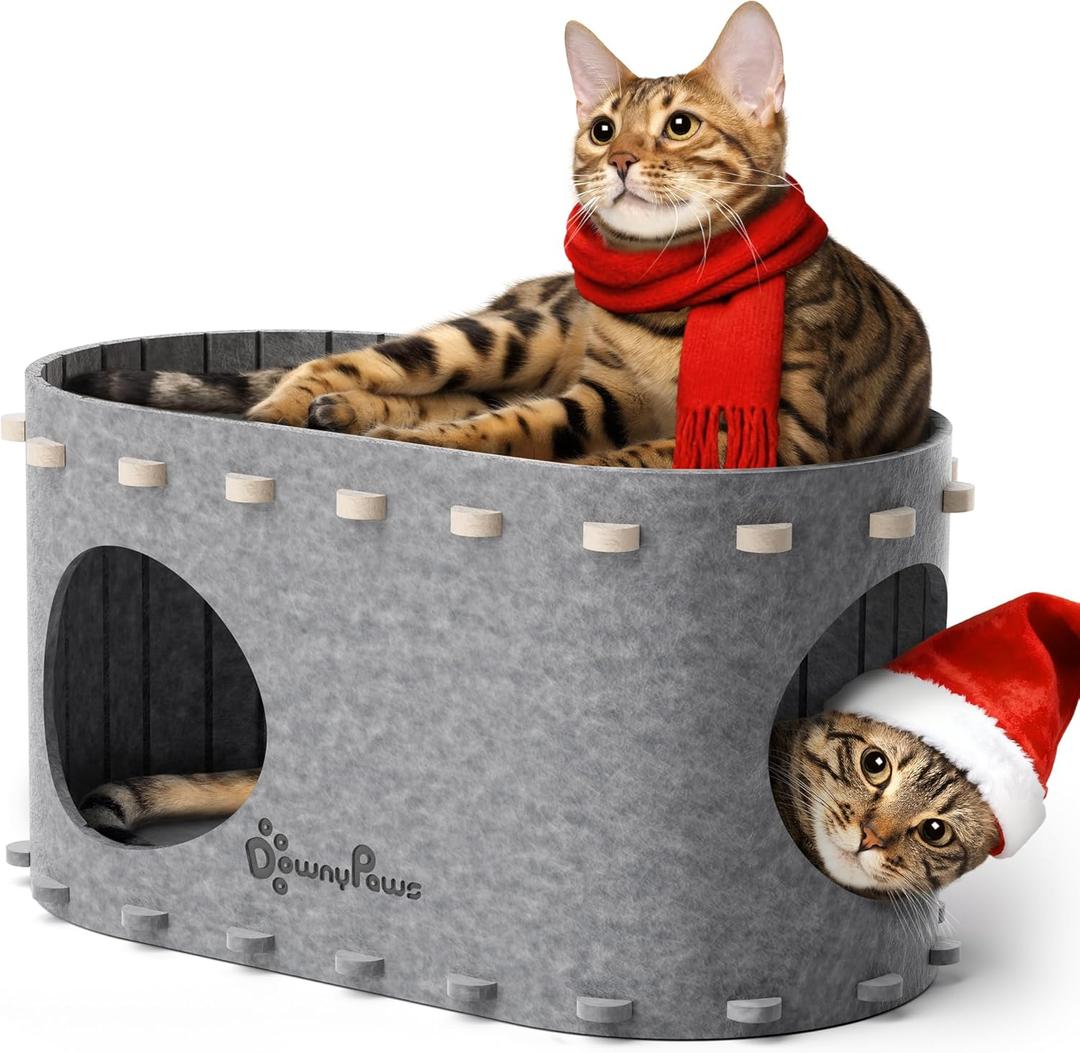 DownyPaws Cat House for Indoor Cats, Cat Bed Cave for Multiple & Large Cats Up to 22 Lbs, Scratch Resistant, Foldable Peekaboo Kitten Caves Tunnel Enclosed Bed, PeekaPurr, Light Gray (Single)