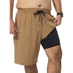 Arcweg Men's Big and Tall Swim Trunks Plus Size Swimsuit for Men with Compression Liner & Zipper Pocket (Brown, XL)