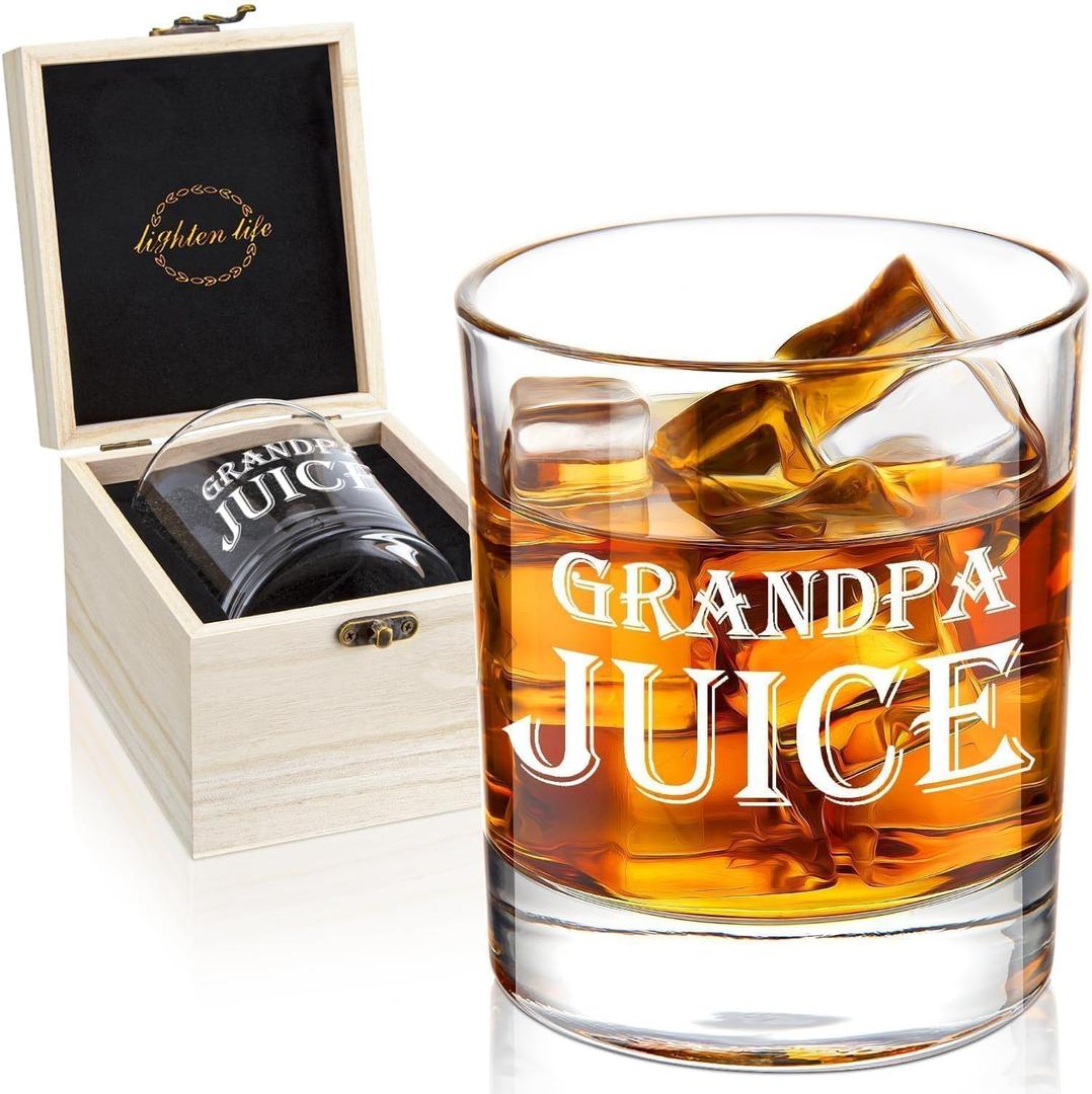 LIGHTEN LIFE Grandpa Juice Whiskey Glass 12 oz, Unique Gift in Valued Wooden Box, Funny Ideas for New Grandpa, Birthday from Grandson, Granddaughter