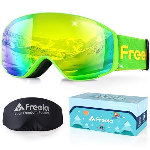 Freela Ski Winter Goggles, Green Snowboard Glasses for 4-6 10-12 Toddler Kids Girl Boy Youth Child, Anti Fog UV Protection Mirror Clear Goggles Snowmobile Snowboard Gear with Ski Snow Helmet kids age 3-12 size