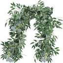 2 Pack Fake Greenery Garlands Artificial Silver Dollar Eucalyptus Garland in Grey Green and Willow Twigs Garland Intertwined Together for Rustic Wedding Arch Swag Doorways Table Runner Decoration