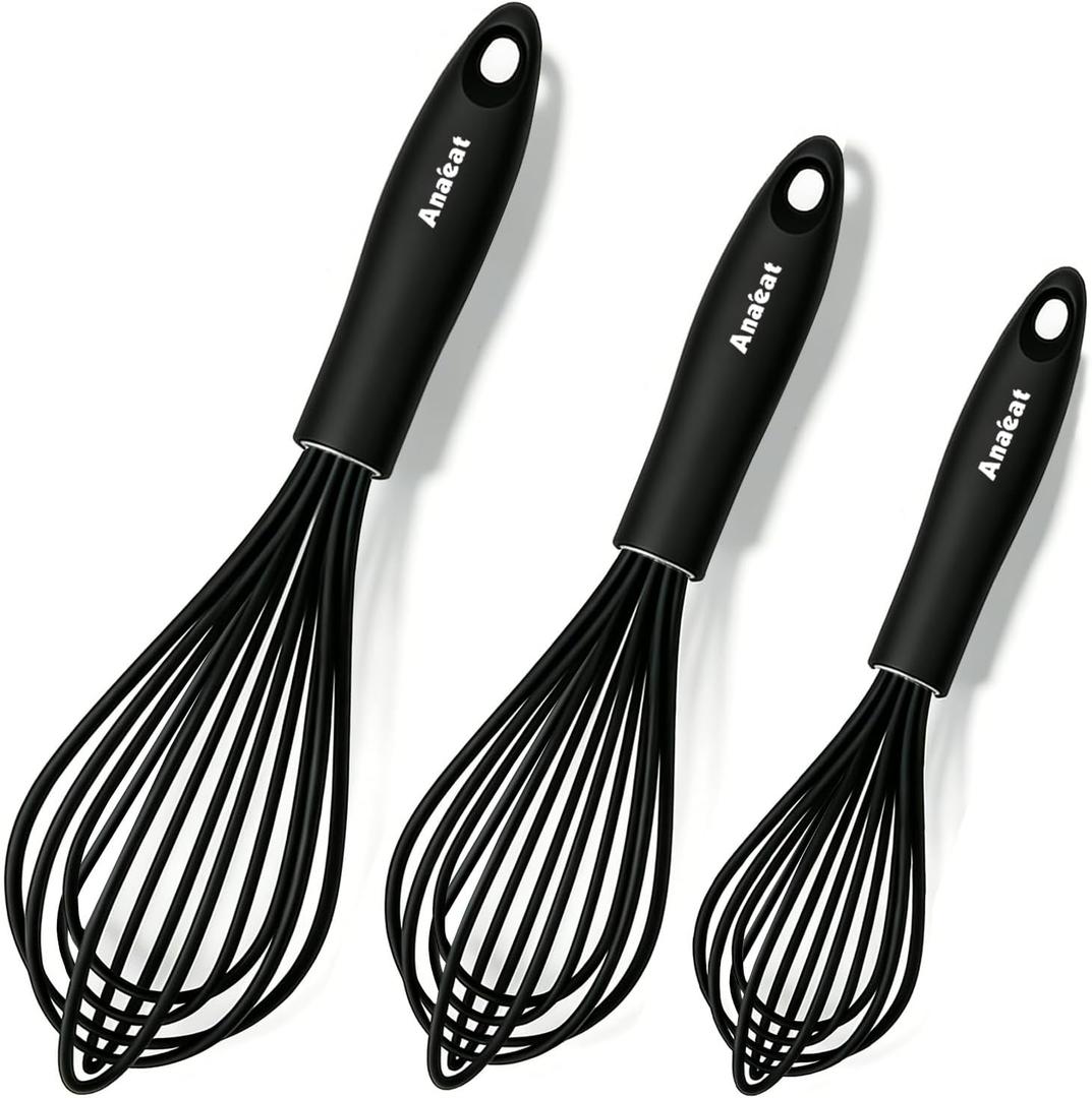 Anaeat Silicone Balloon Whisk, Perfect for Non-Stick Cookware, Milk and Egg Beater Blender, Heat Resistant Kitchen Whisks for Whisking, Cooking, Baking, Beating, Frothing & Stirring (Black) (9+11+12 inch, 3 Pcs Black)