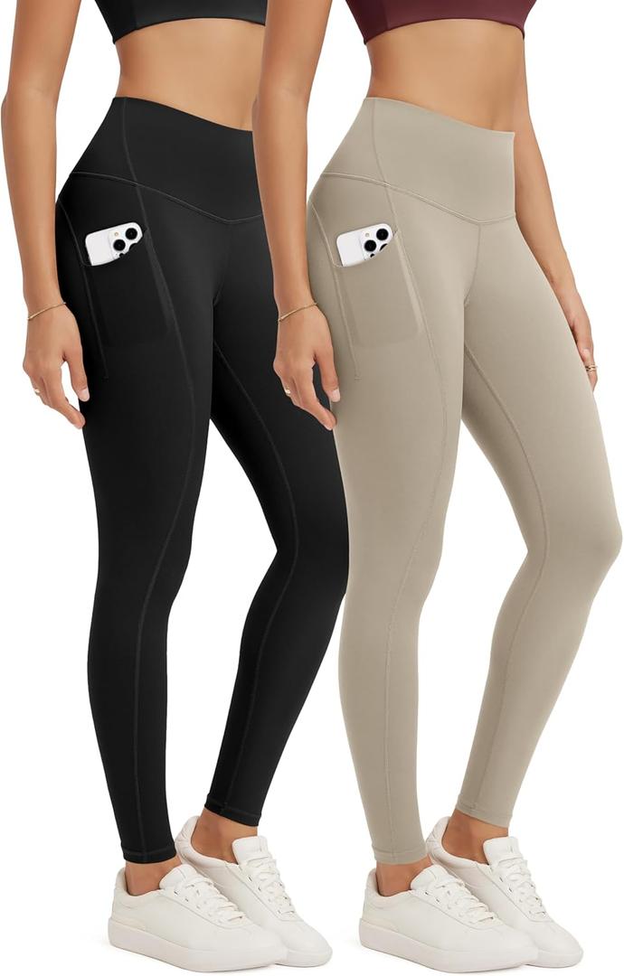 ODODOS 2-Pack Full Length High Waist Workout Leggings with Pockets for Women, 28" Tummy Control Athletic Yoga Pants, Black+Taupe, Large (L)